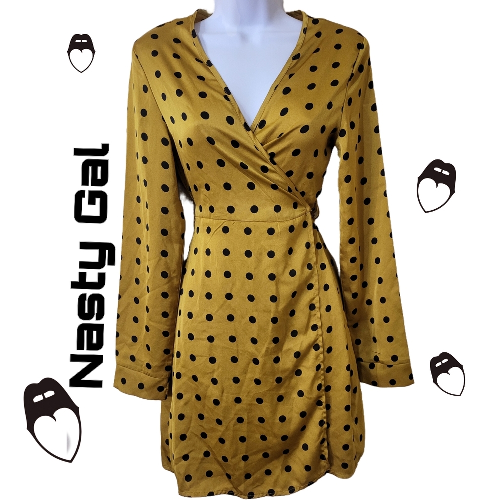 Nasty Gal Black Polka Dot Gold Wrap Dress